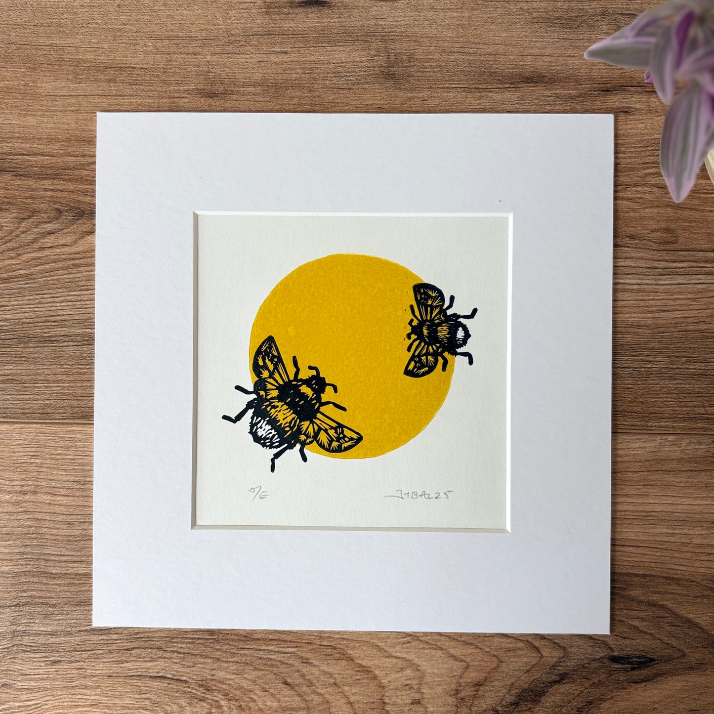 Duo of Bumblebees, hand printed lino art print