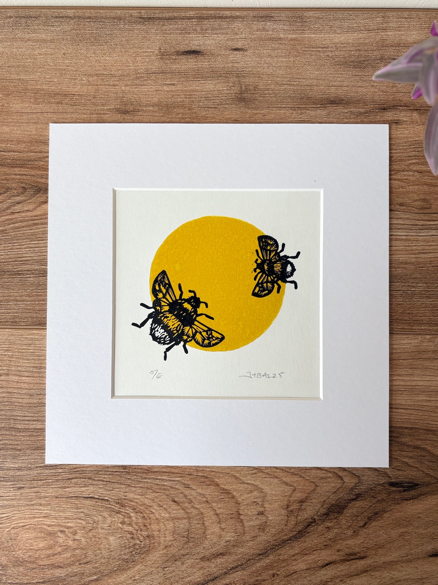 Duo of Bumblebees, hand printed lino art print