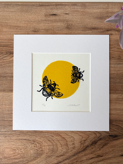 Duo of Bumblebees, hand printed lino art print