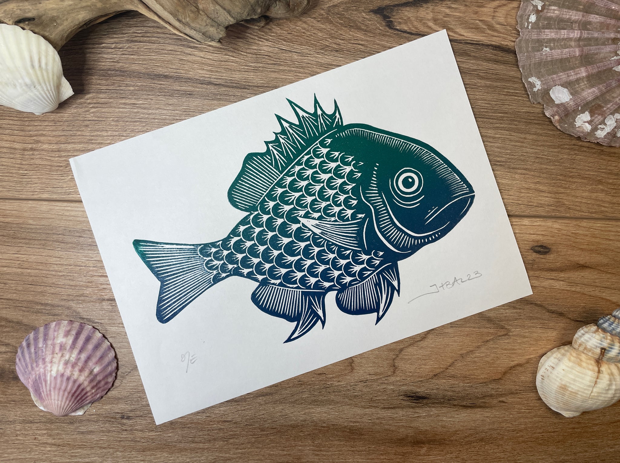 Fish linocut print