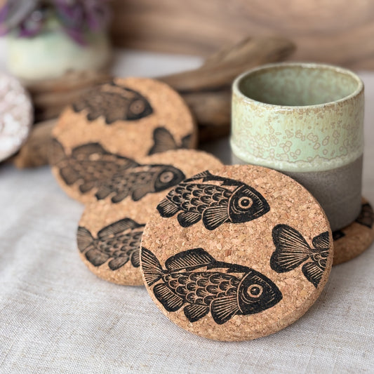 Fish Linocut Cork Coasters