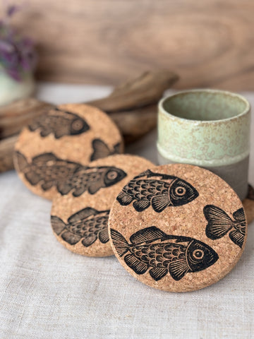 Fish Linocut Cork Coasters
