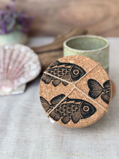 Fish Linocut Cork Coasters