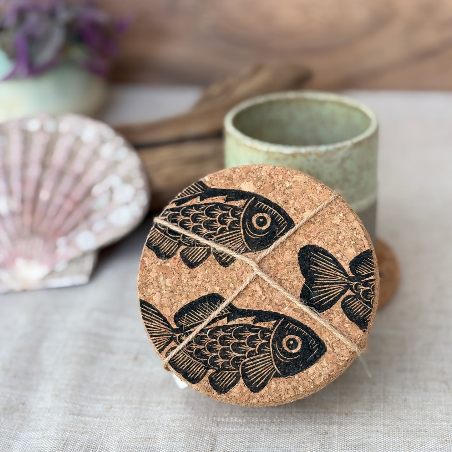 Fish Linocut Cork Coasters