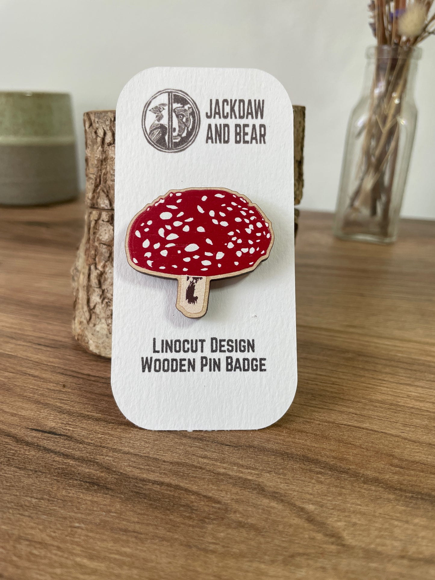 Fly Agaric Fungi Wooden Pin Badge - toadstool, nature brooch.