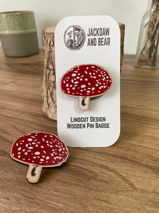 Fly Agaric Fungi Wooden Pin Badge - toadstool, nature brooch.