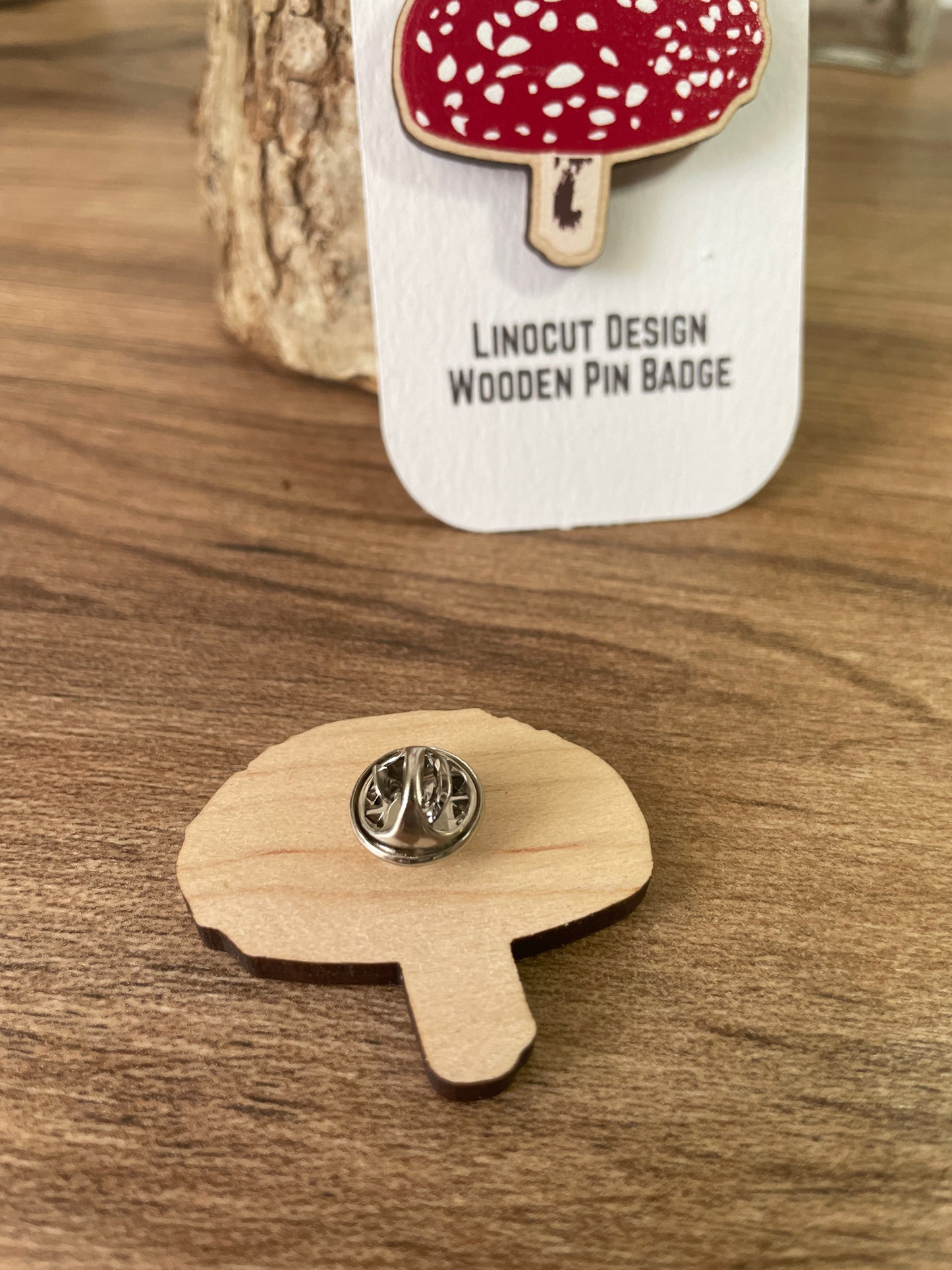 Fly Agaric Fungi Wooden Pin Badge - toadstool, nature brooch.