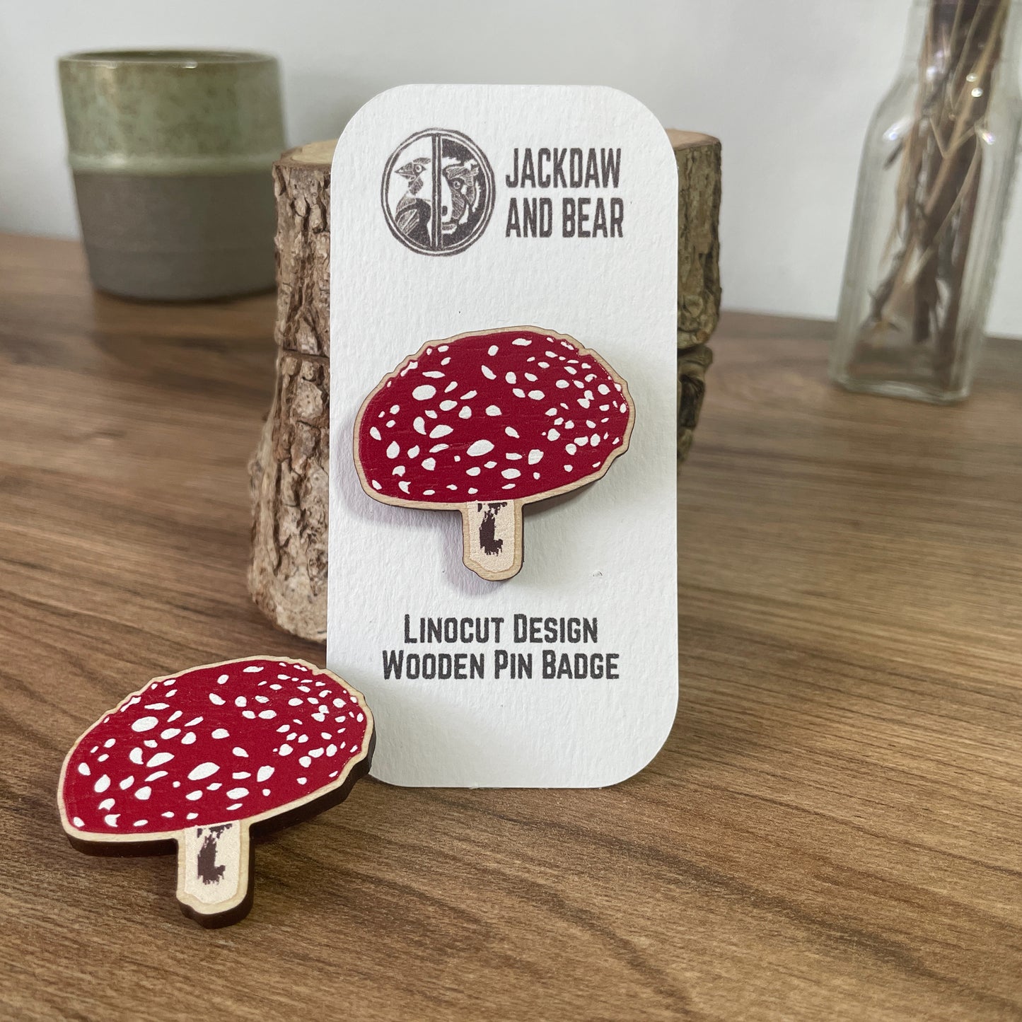 Fly Agaric Fungi Wooden Pin Badge - toadstool, nature brooch.