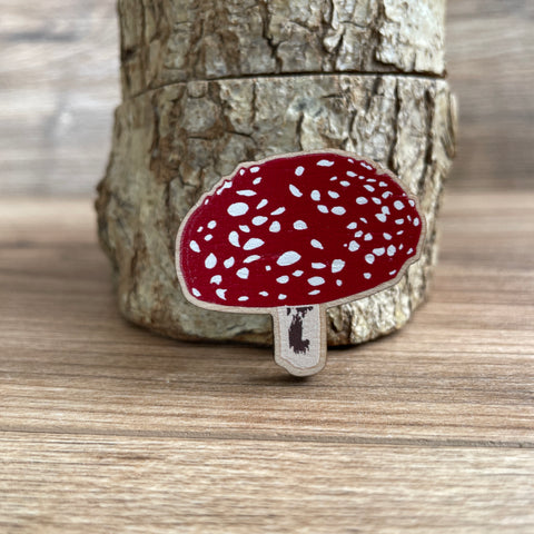 Fly Agaric Fungi Wooden Pin Badge - toadstool, nature brooch.