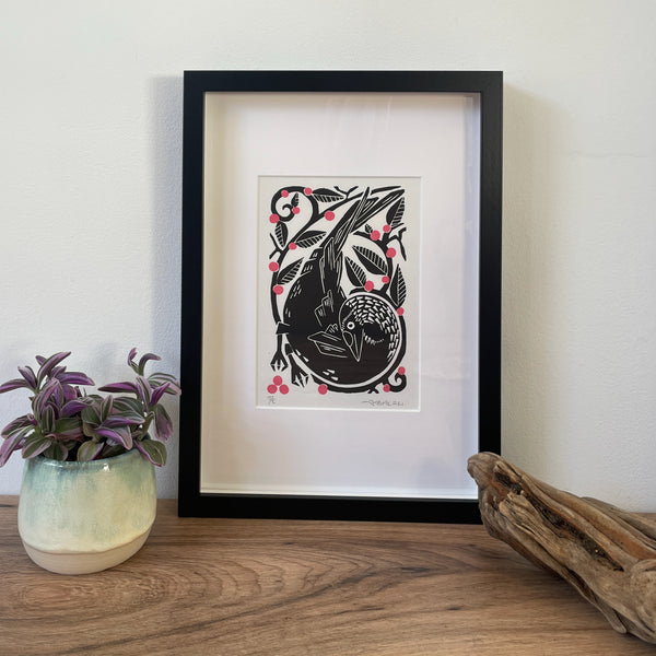 Jackdaw bird folksy Linocut Print