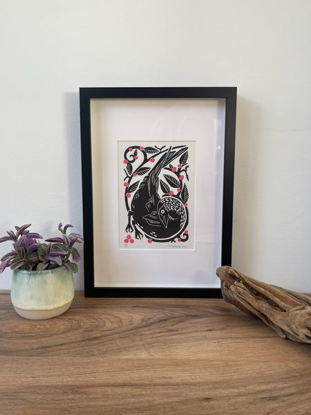 Jackdaw bird folksy Linocut Print