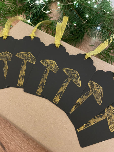 Toadstool Gift tags set of 6 hand printed fungi present tags for gift wrapping