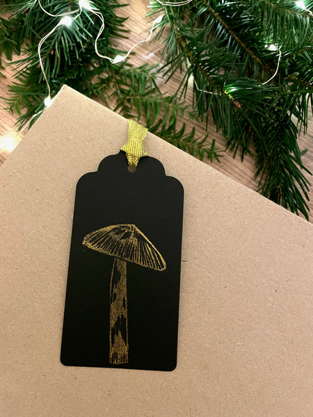 Toadstool Gift tags set of 6 hand printed fungi present tags for gift wrapping