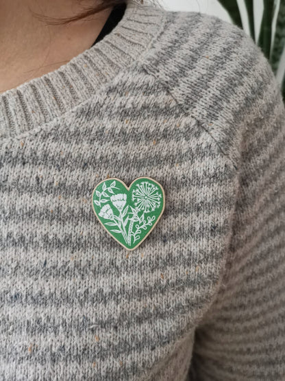 Botanical Heart Wooden Pin Badge - animal, nature brooch.