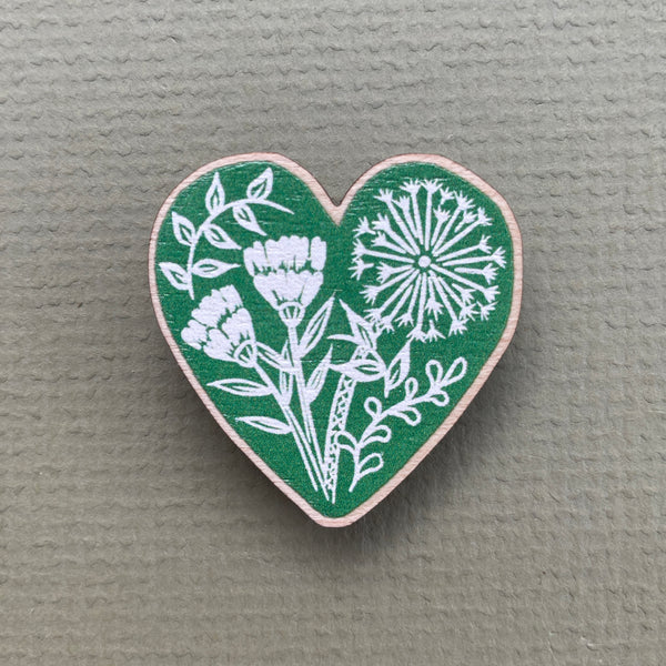 Botanical Heart Wooden Pin Badge - animal, nature brooch.