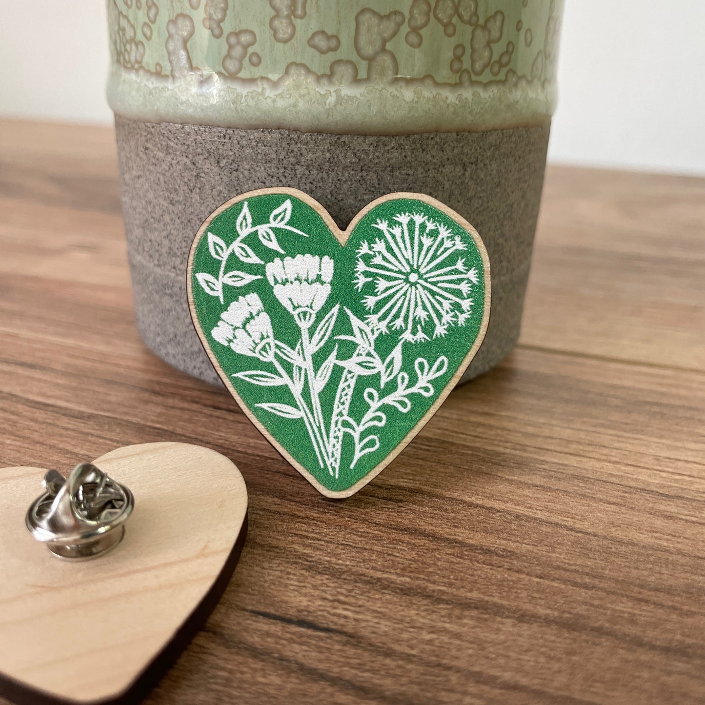Botanical Heart Wooden Pin Badge - animal, nature brooch.