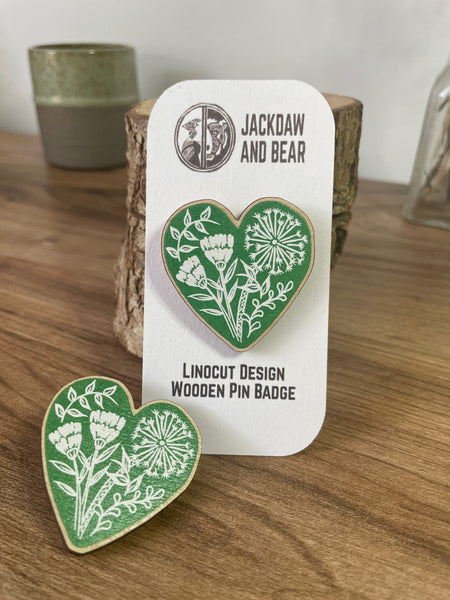Botanical Heart Wooden Pin Badge - animal, nature brooch.