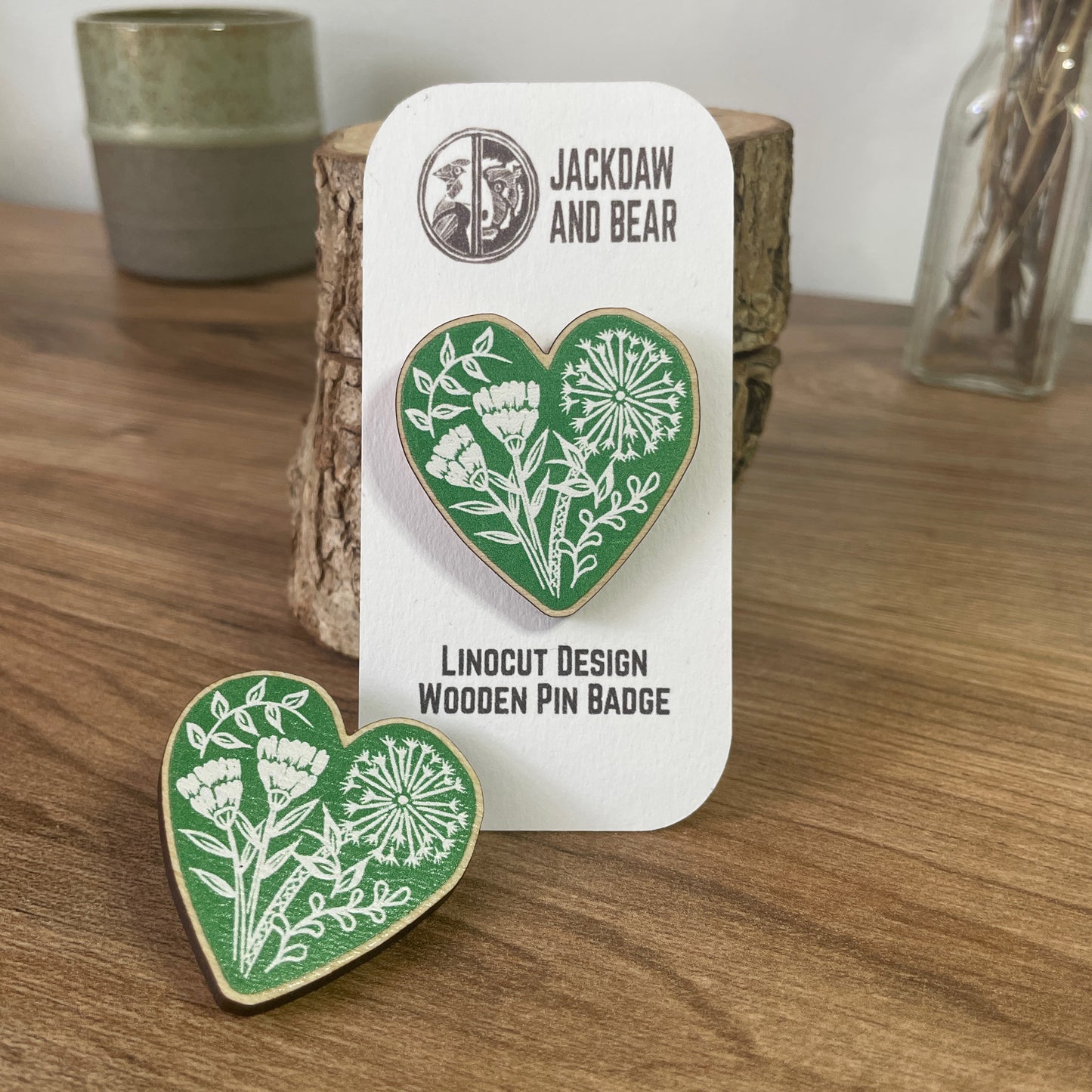 Botanical Heart Wooden Pin Badge - animal, nature brooch.