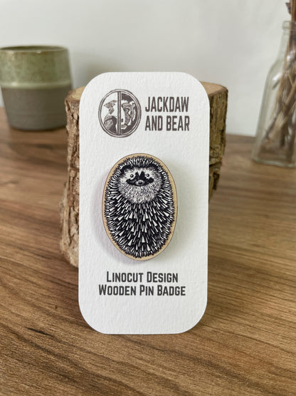 Hedgehog Wooden Pin Badge - animal, nature brooch.
