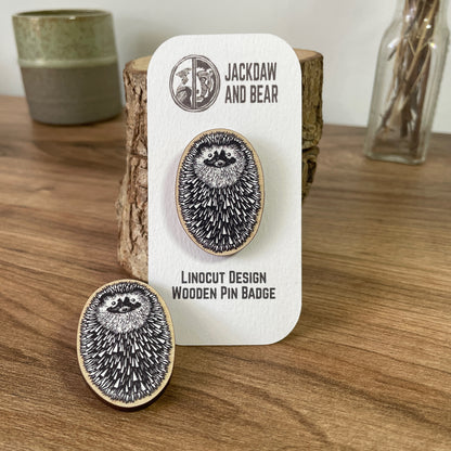 Hedgehog Wooden Pin Badge - animal, nature brooch.