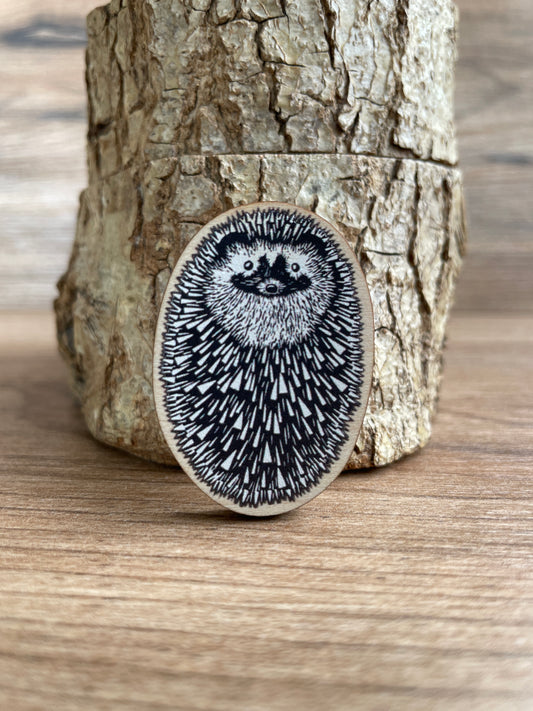 Hedgehog Wooden Pin Badge - animal, nature brooch.