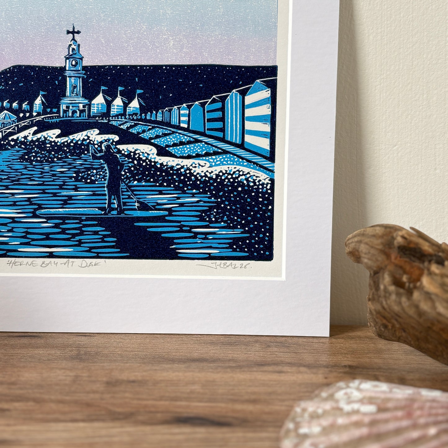 Herne Bay beach scene reduction linocut art print