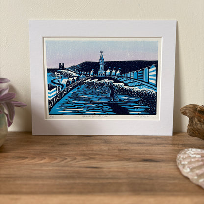 Herne Bay beach scene reduction linocut art print