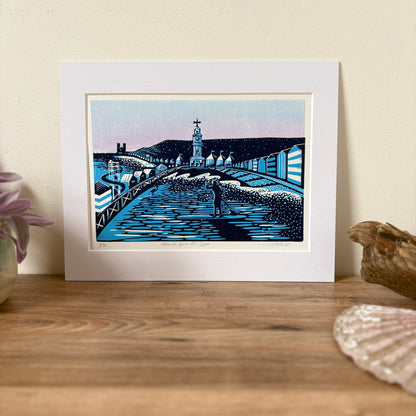 Herne Bay beach scene reduction linocut art print