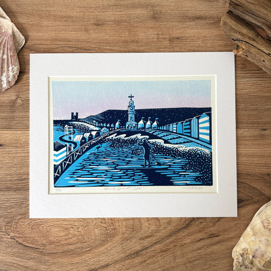 Herne Bay beach scene reduction linocut art print