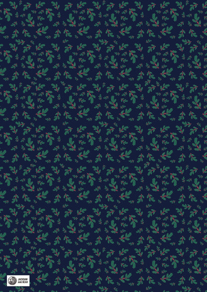 Holly & Berries on Blue Wrapping Paper – 50 x 70cm