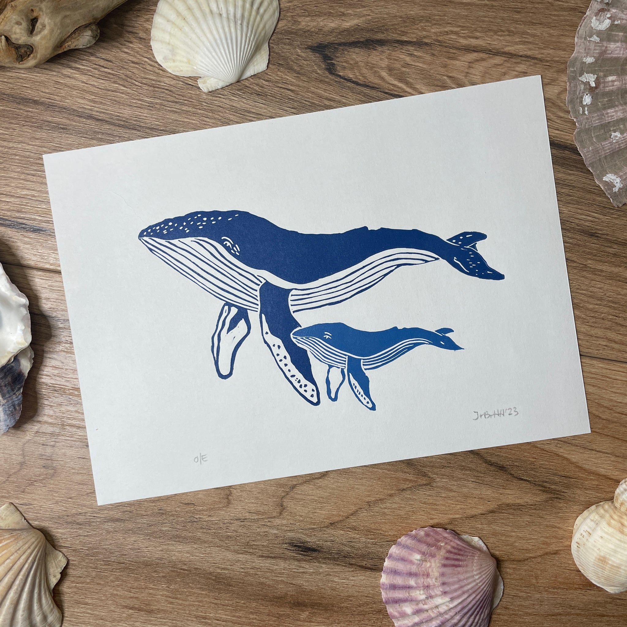 Humpback Whale and calf Lino print / marine mammal art blue ocean bathroom print