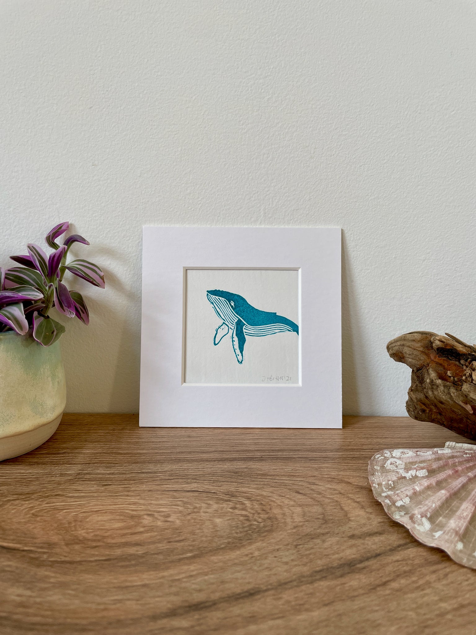 Humpback Whale calf original mini linocut print