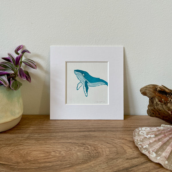 Humpback Whale calf original mini linocut print