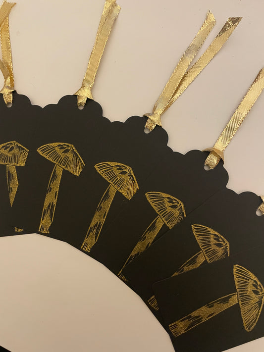 Toadstool Gift tags set of 6 hand printed fungi present tags for gift wrapping