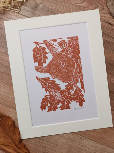 Red Squirrel hand printed linocut nature art print- almond