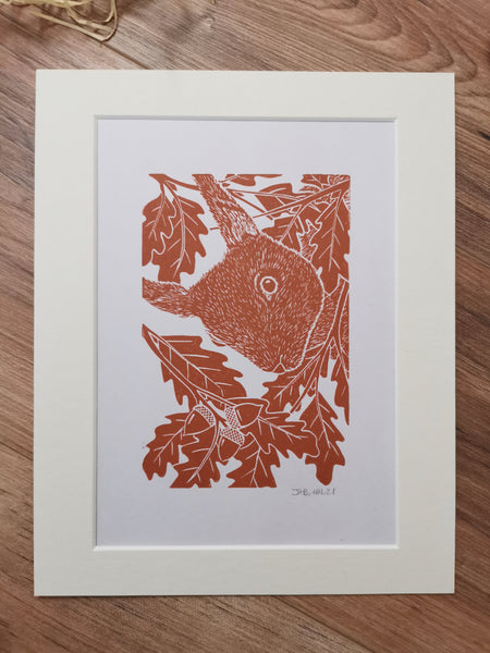 Red Squirrel hand printed linocut nature art print- almond