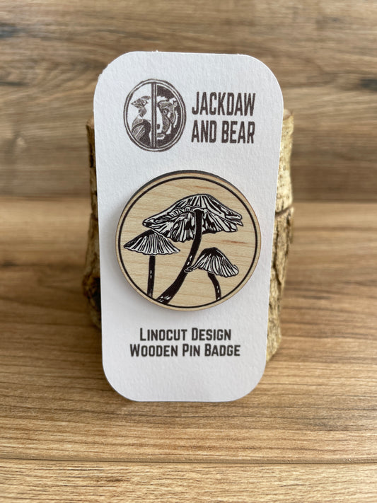 Inkcap fungi Wooden Pin Badge - toadstool, nature brooch.