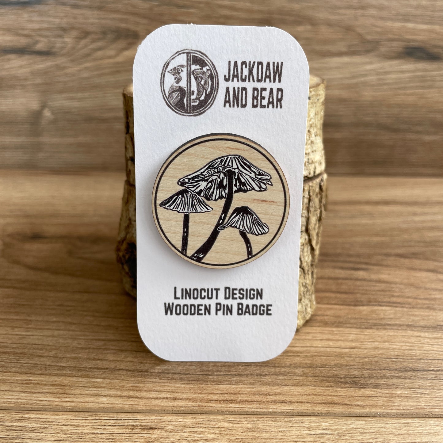 Inkcap fungi Wooden Pin Badge - toadstool, nature brooch.