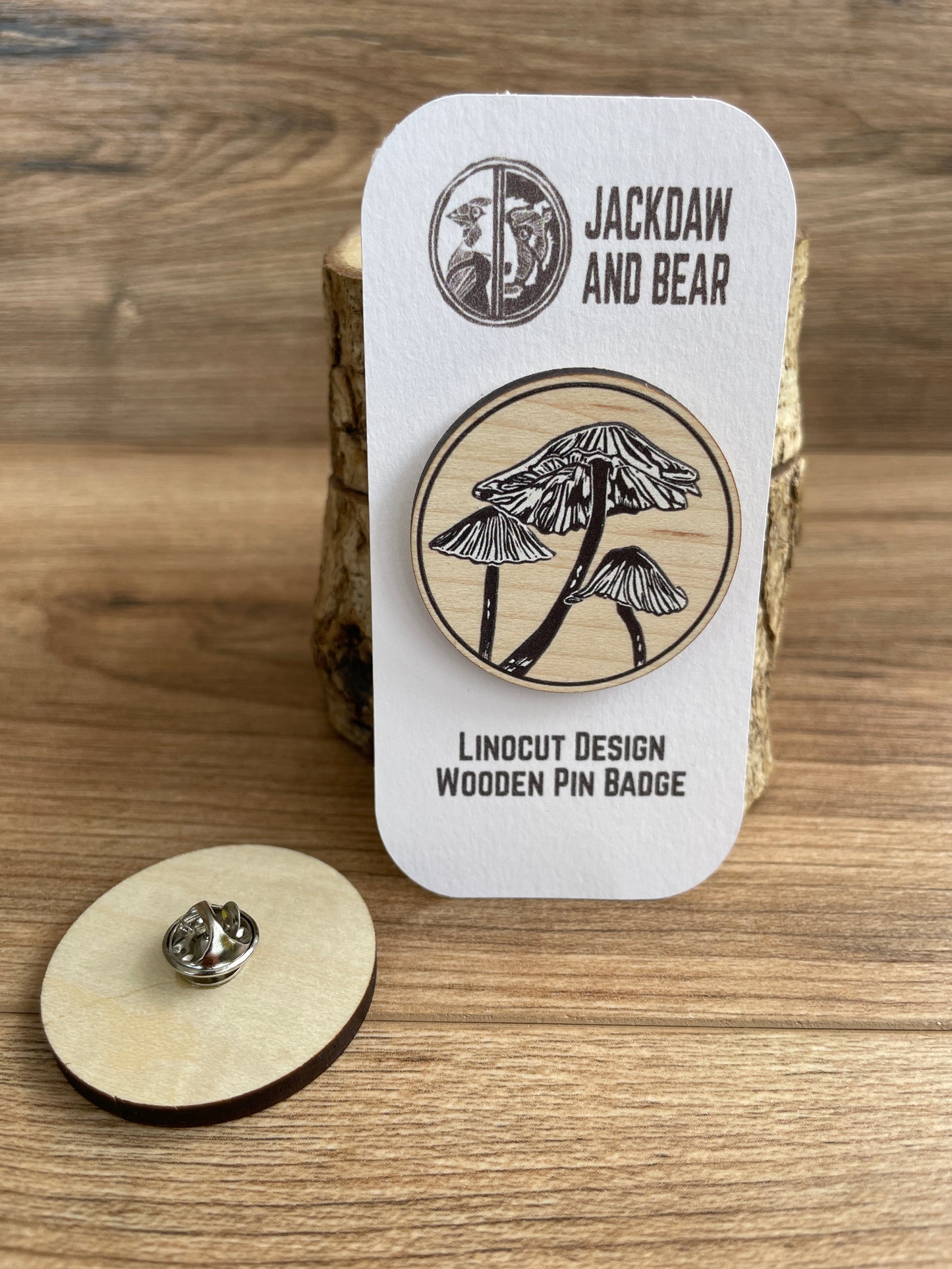 Inkcap fungi Wooden Pin Badge - toadstool, nature brooch.