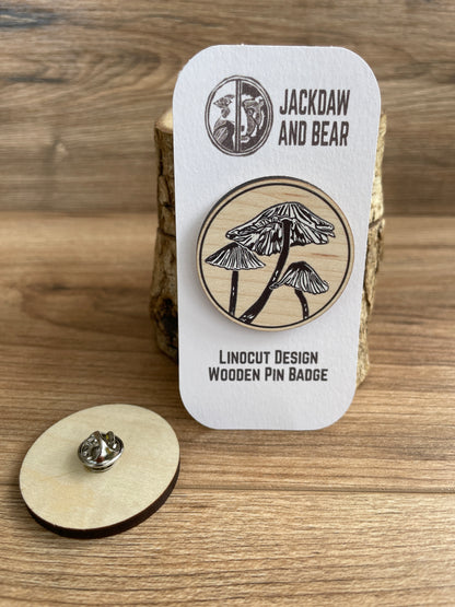 Inkcap fungi Wooden Pin Badge - toadstool, nature brooch.