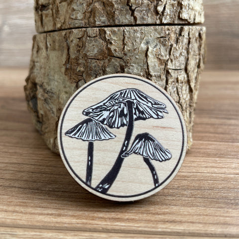 Inkcap fungi Wooden Pin Badge - toadstool, nature brooch.