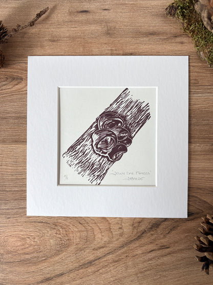 Jelly eared fungi original linocut print
