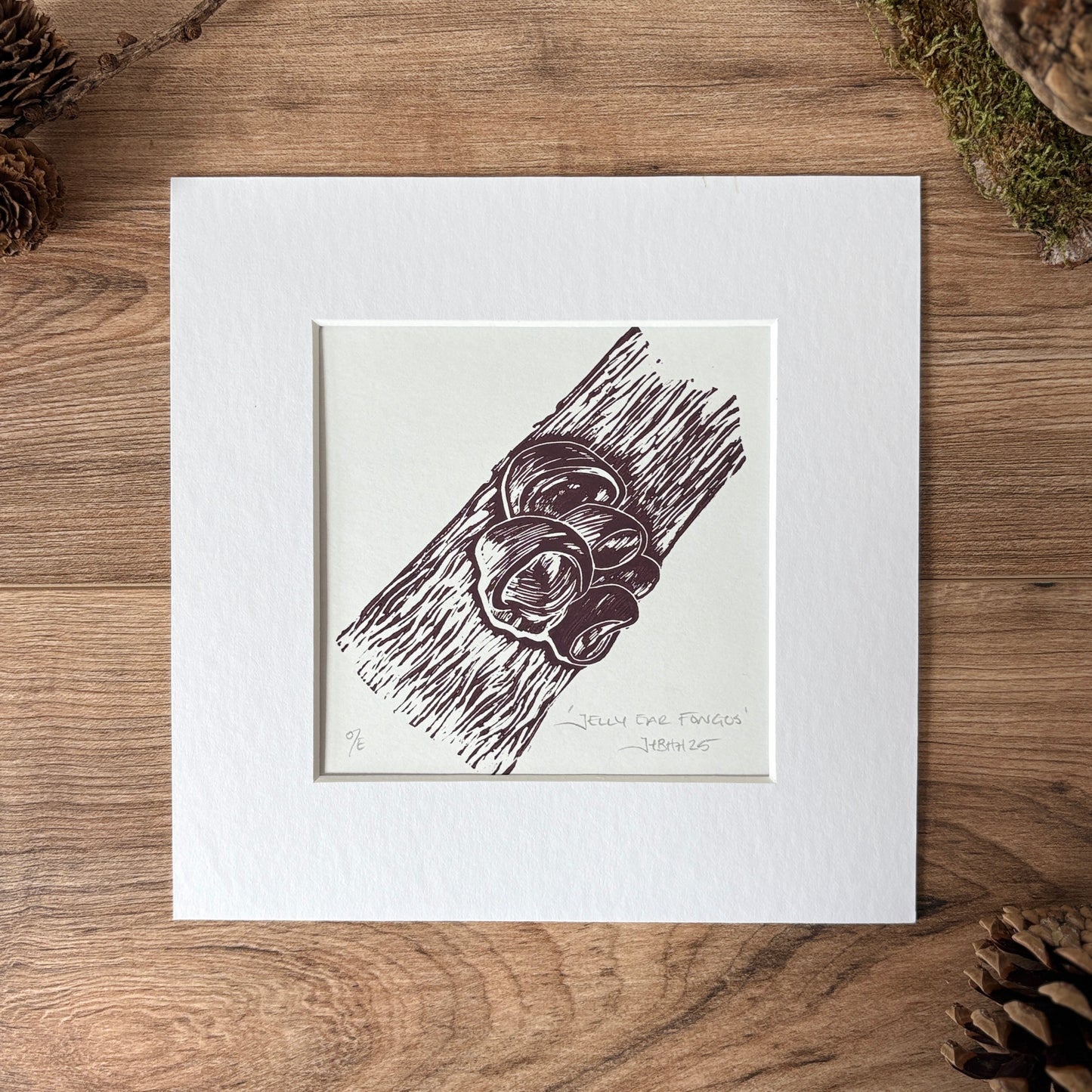 Jelly eared fungi original linocut print