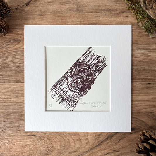 Jelly eared fungi original linocut print