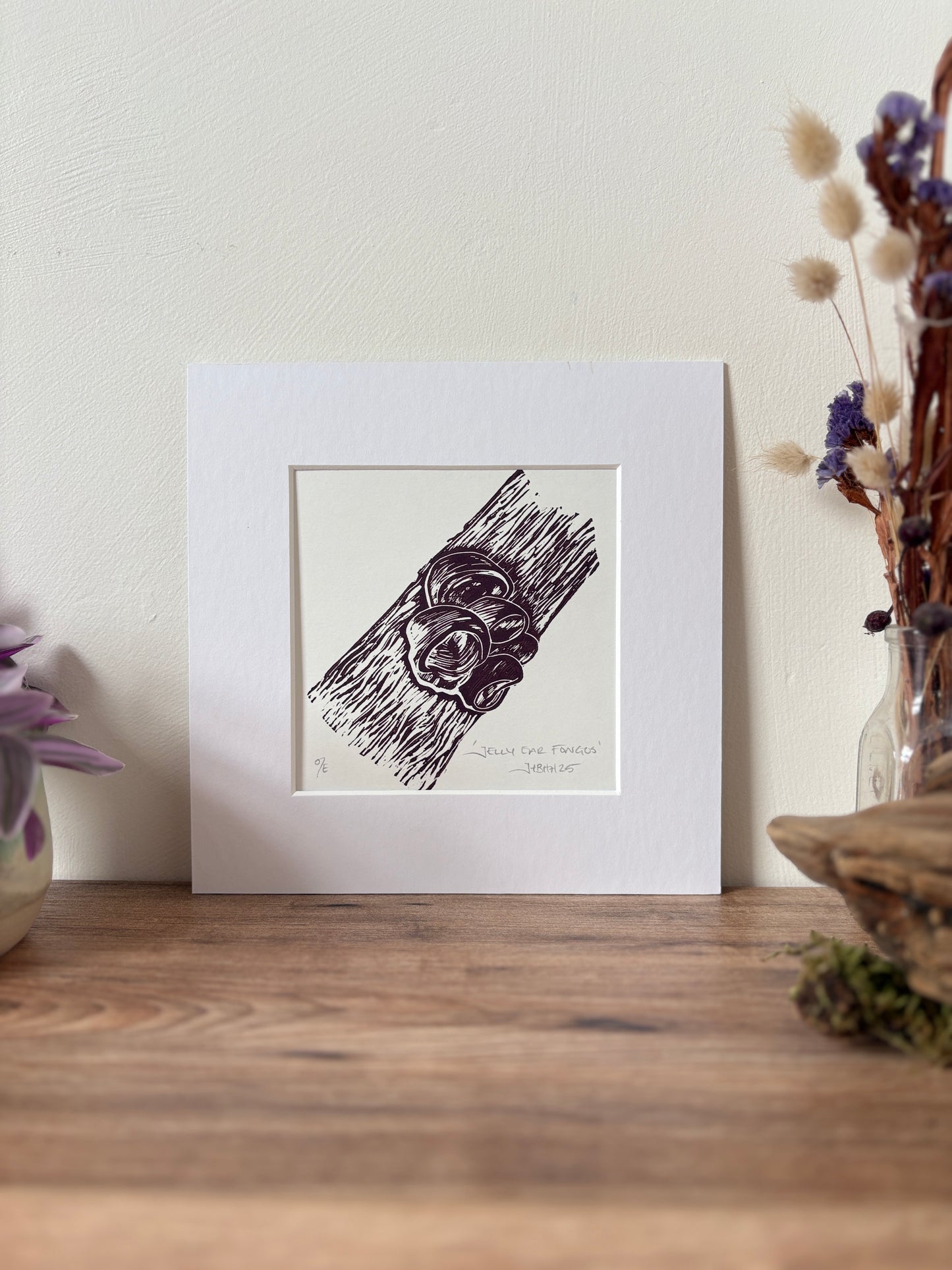 Jelly eared fungi original linocut print
