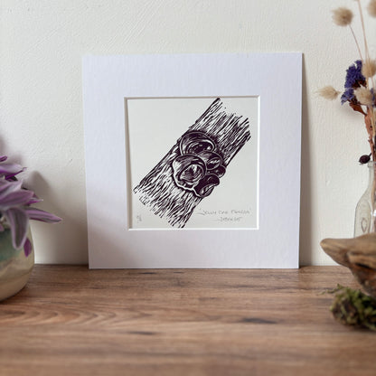 Jelly eared fungi original linocut print