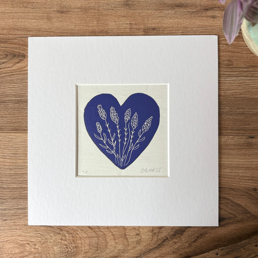 Lavendar heart linocut print