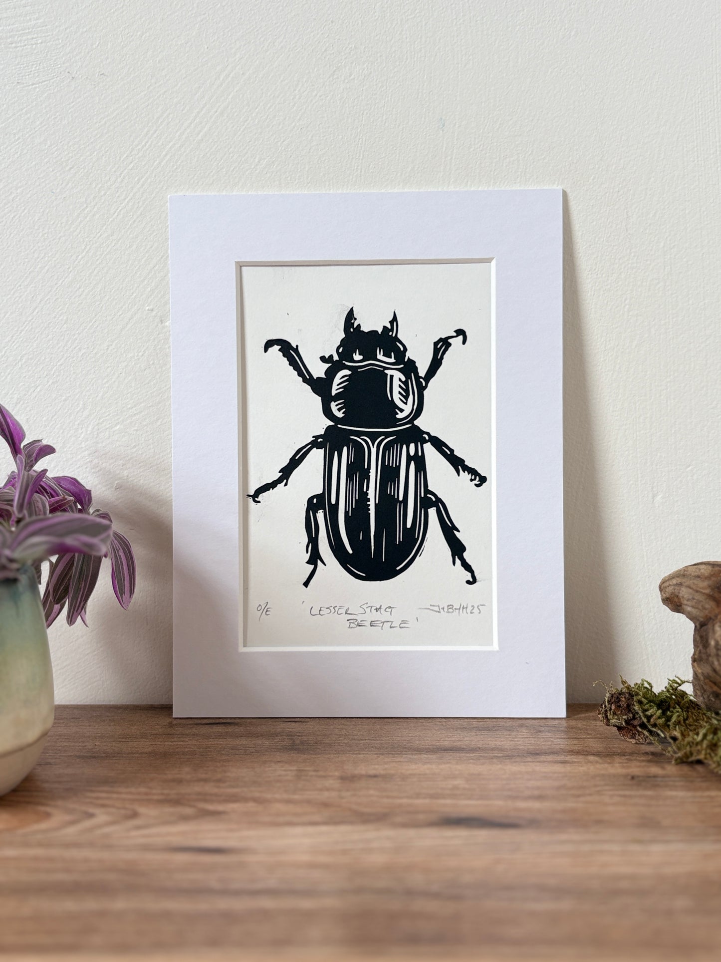 Lesser stag beetle hand printed Linocut art print