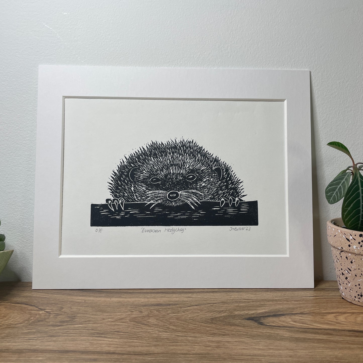 Peekaboo European Hedgehog original mammal Linocut print