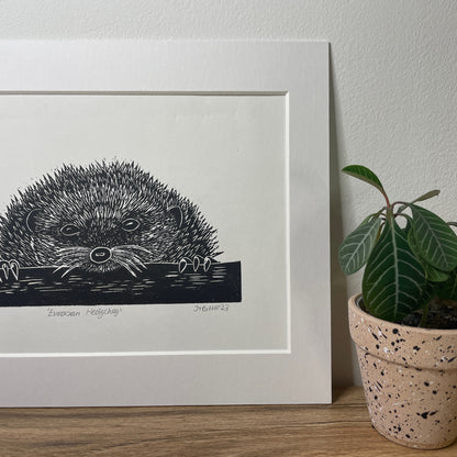 Peekaboo European Hedgehog original mammal Linocut print